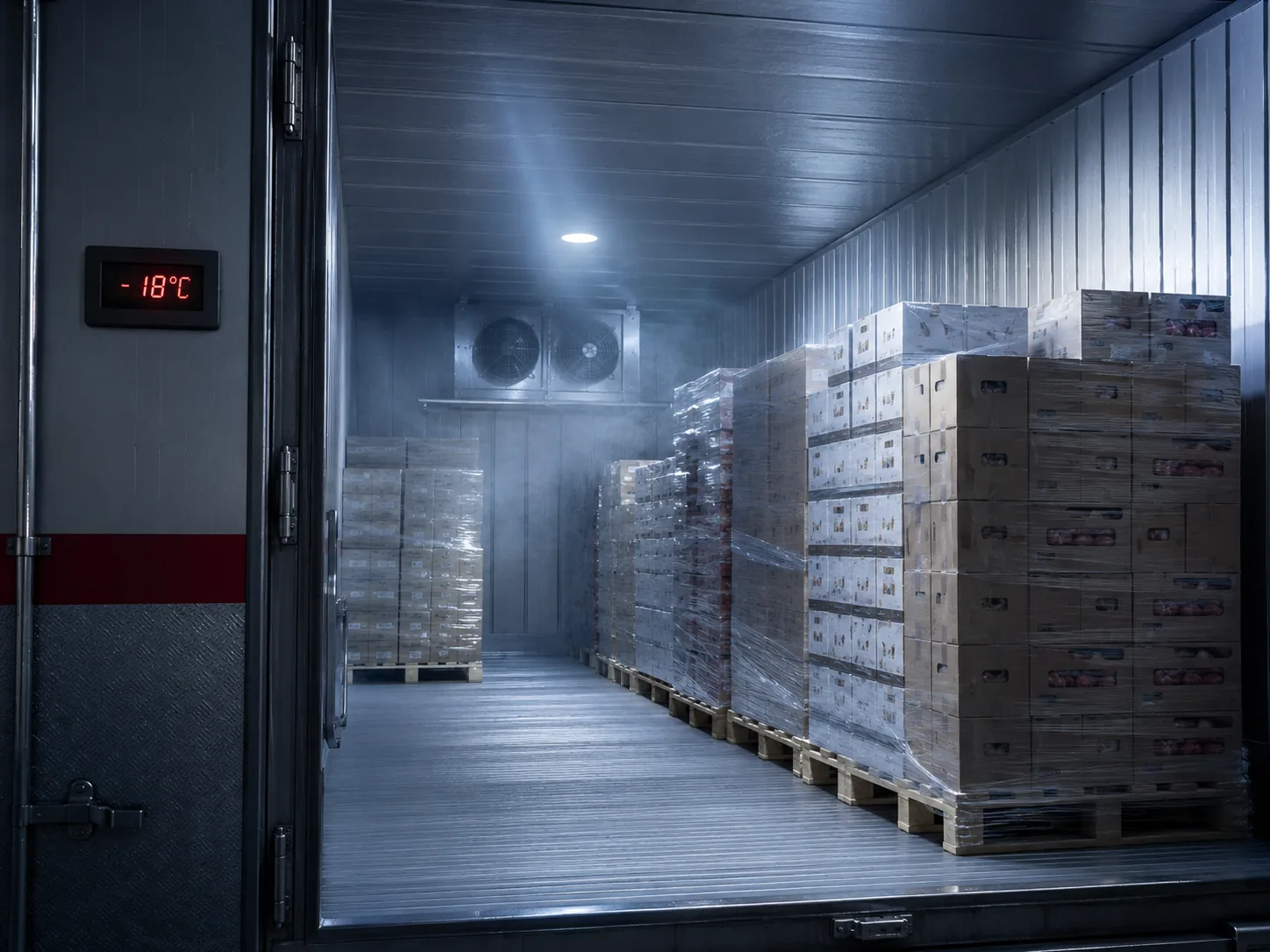 Câmara fria a -18 graus com pallets de carga refrigerada